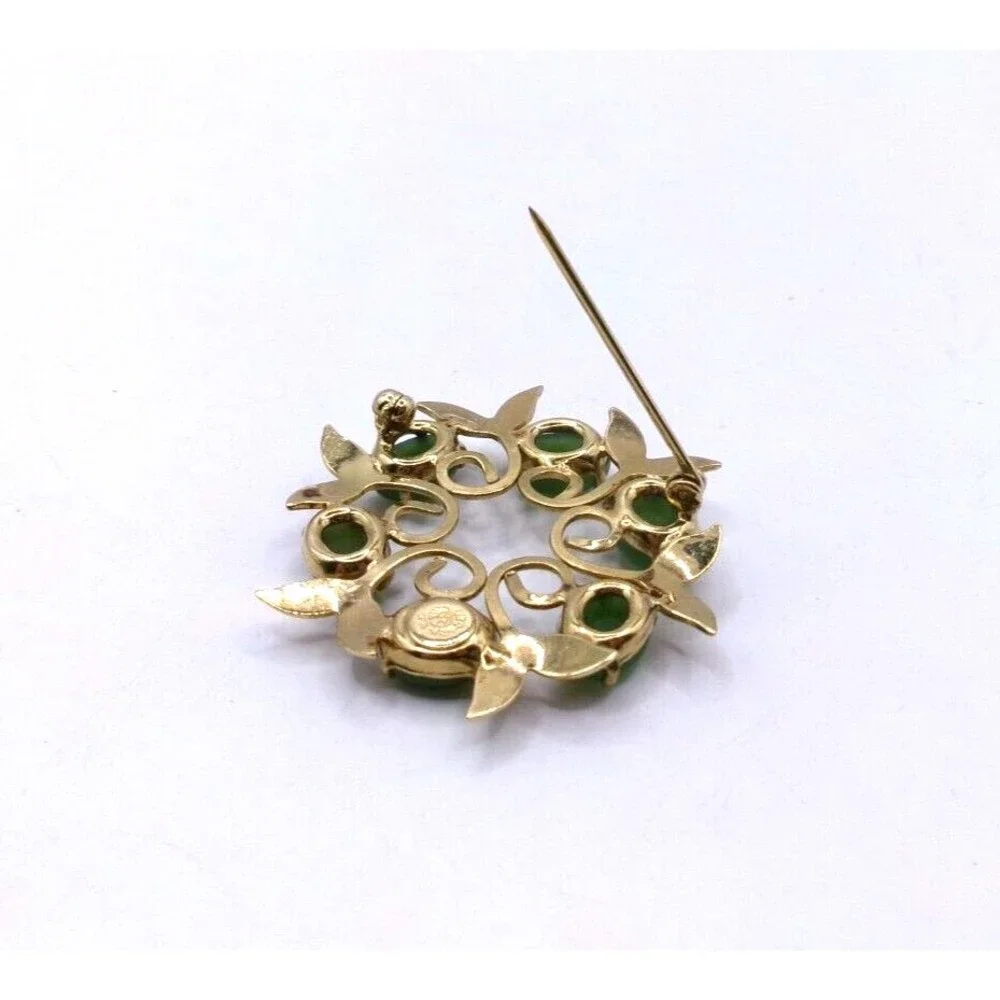 Green Gemstone Circle Pin Brooch w/ Leaves 12K Gold Filled Signed CC? 1.25 inch